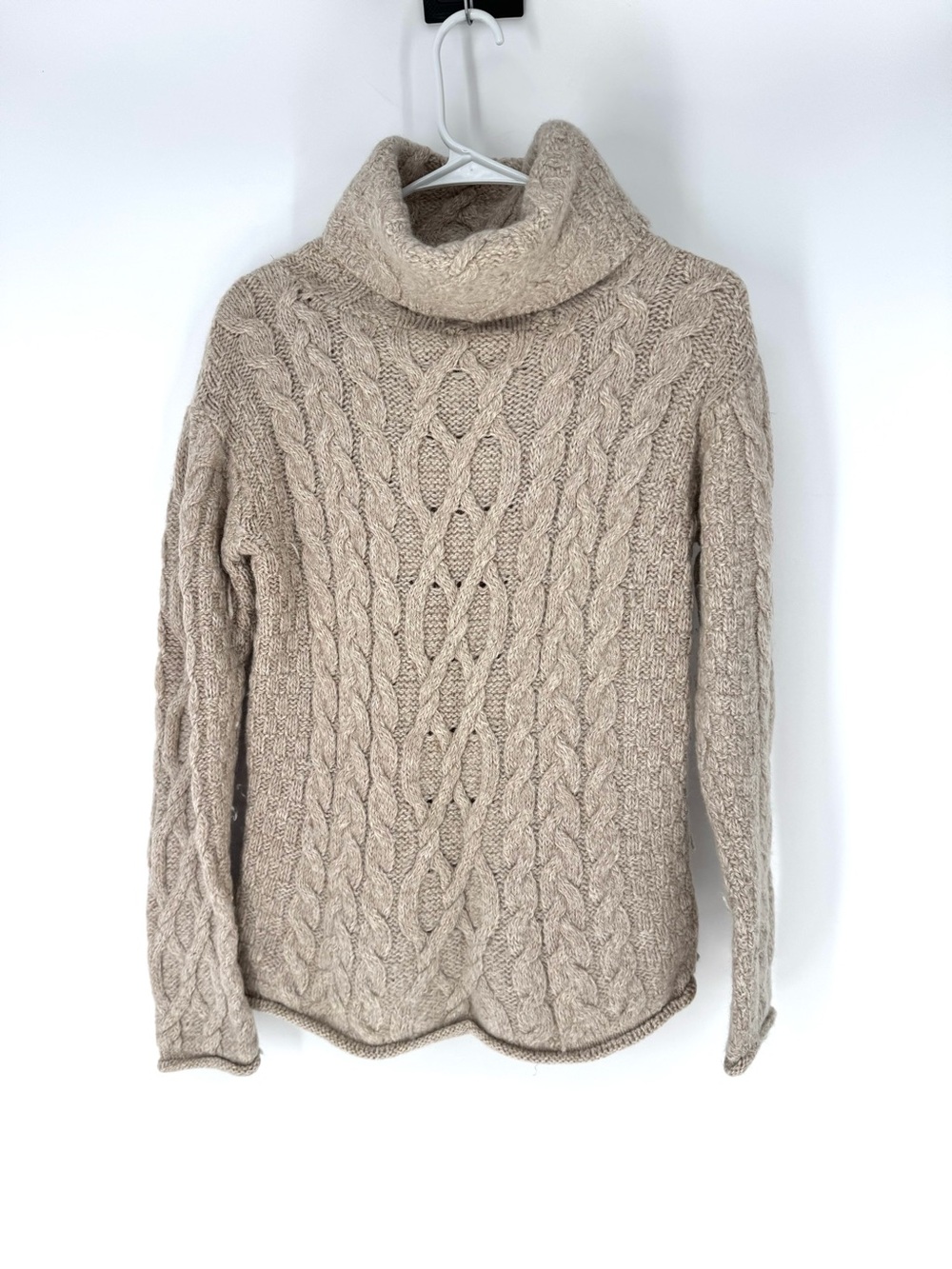 Aran sweater Market 100% Cable Knit Turtleneck Sweater in Light Beige